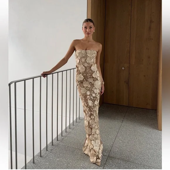 bronx and banco jasmine 3d floral applique lace strapless maxi dress gown XS NEW - Picture 3 of 17
